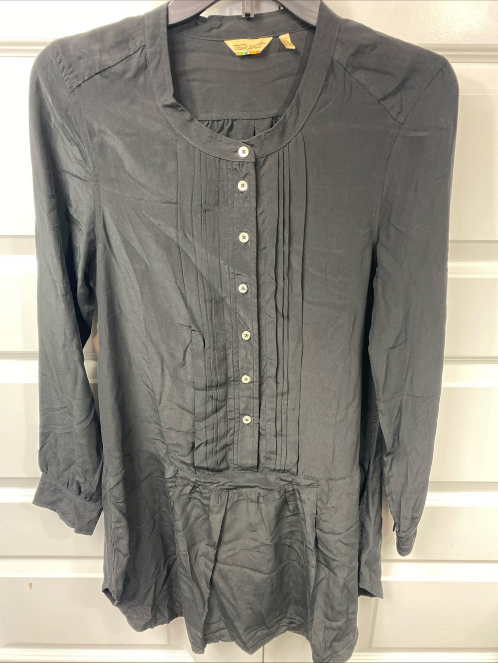 Silk Long Sleeve Tunic Button Down Dress Top Black Small Preppy Old Money Lagen